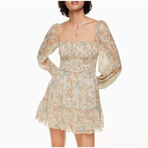 Aritzia Wilfred Tempest Mini Dress Smocked Square Neck Chiffon Floral Print SM